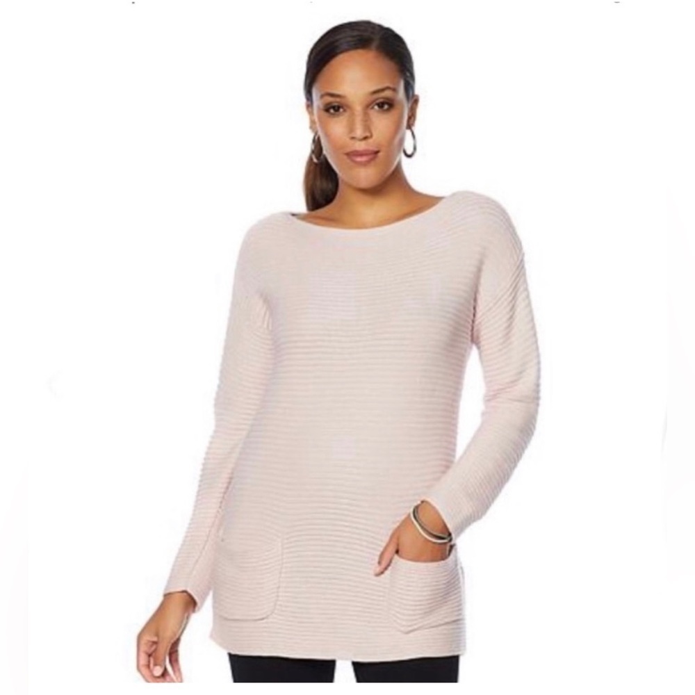Vince Camuto Small Ribbed Boatneck Sweater Pink Rose Color Tunic Style